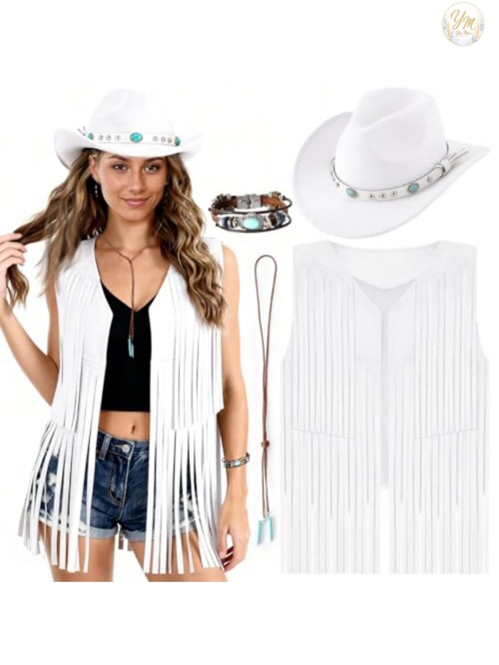 PARTTELY Women's Cowgirl Costume Set Faux Suede Fringe Vest Hat Jewelry 4pc